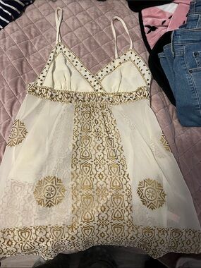 bebe Cream Dress with Gold Embroidery